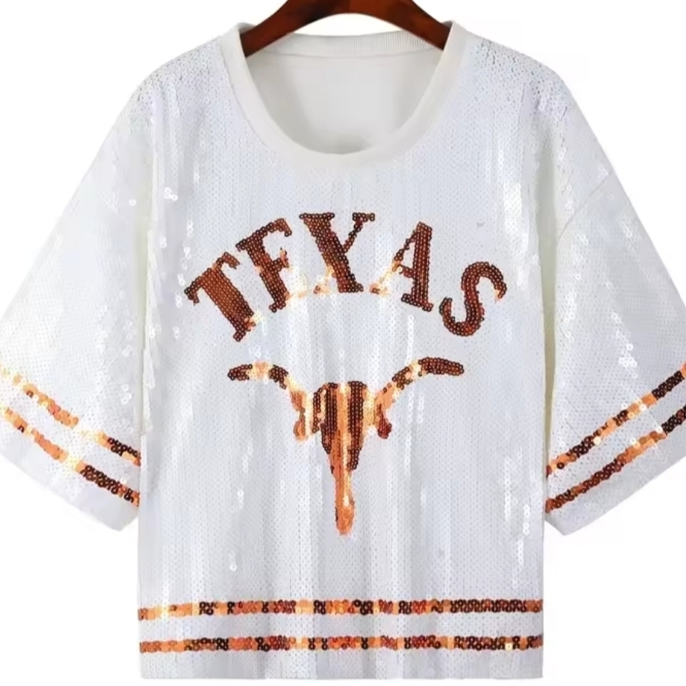 Sequin Embellished White and Burnt Orange Women's Texas Longhorn Jersey